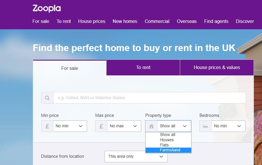 You can find land for sale on Zoopla