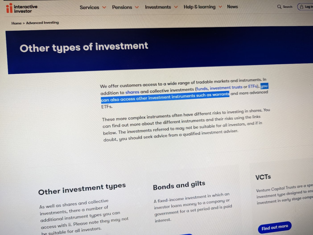 interactive investor offers covered warrants